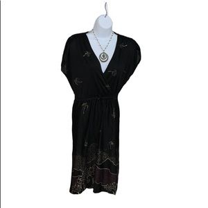 Vintage V-Neck Retro Black & Purple 70s Dress Sz S